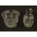 A Victorian glass cream jug and sugar bowl with cut decoration. The jug 3 1/4" high (2) Please