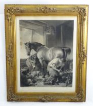 After Sir Edwin Landseer (1802-1873), Monochrome engraving, Shoeing, A farrier / blacksmith
