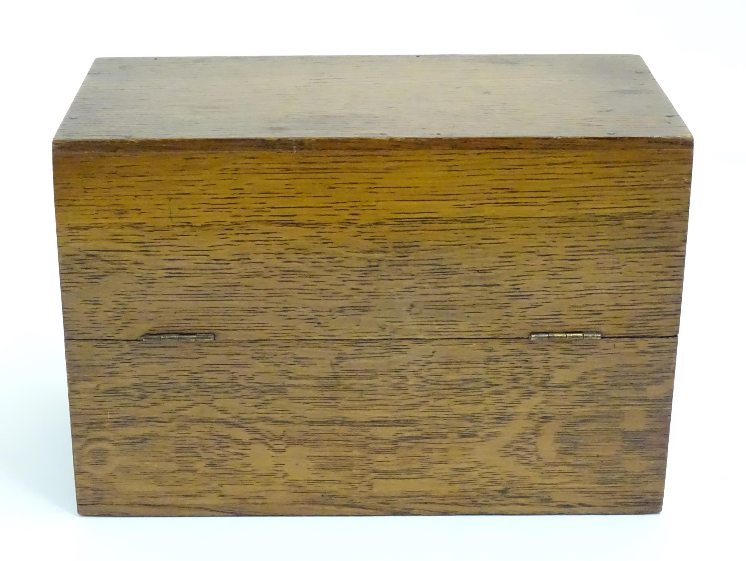 A 20thC oak correspondence / address box. Approx. 6" high x 8 3/4" wide x 4 1/2" deep Please - Image 15 of 16