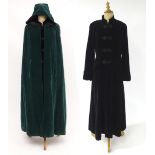 Vintage fashion / clothing: A green velvet cloak with hood with fastening to the top along with a