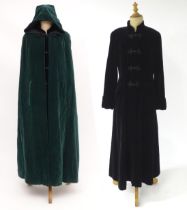 Vintage fashion / clothing: A green velvet cloak with hood with fastening to the top along with a