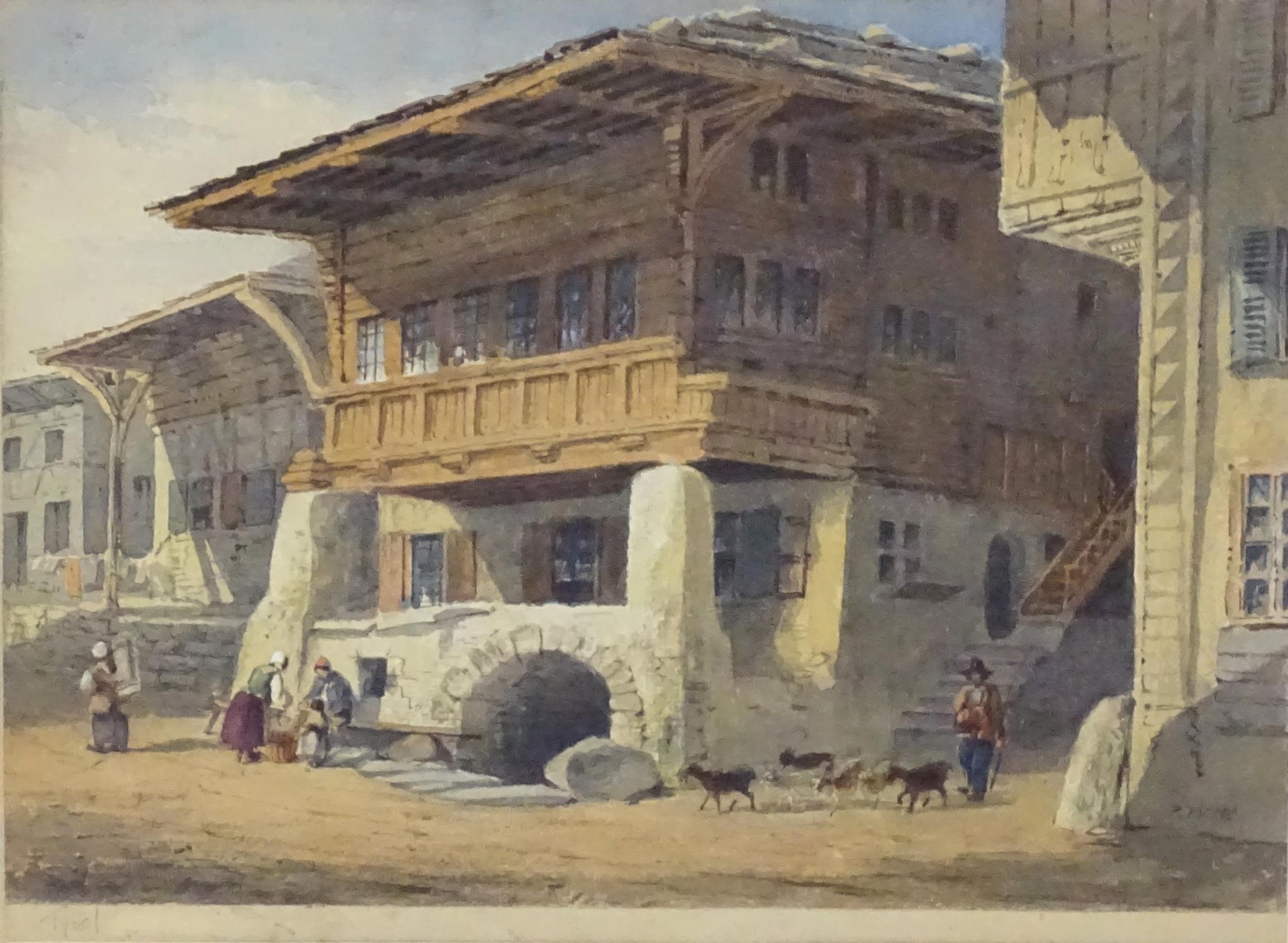 F. W. Woledge, 19th century, Watercolour, An Alpine / Tyrolean village scene with figures and - Image 3 of 6