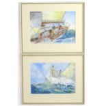 J. S., 20th century, English School, Watercolours, A pair, A sailing boat at sea with figures.