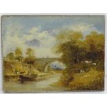 19th century, East Anglian School, Oil on panel, A river scene with a moored boat with horses on the