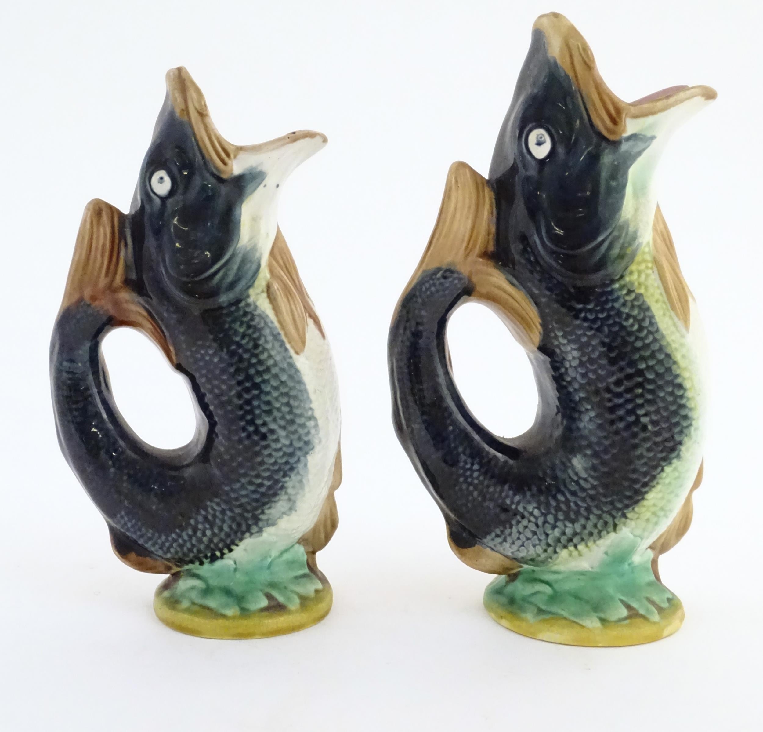 Two Victorian majolica gurgle jugs modelled as fish. Marked under 116. Largest approx. 9 3/4" - Image 10 of 16