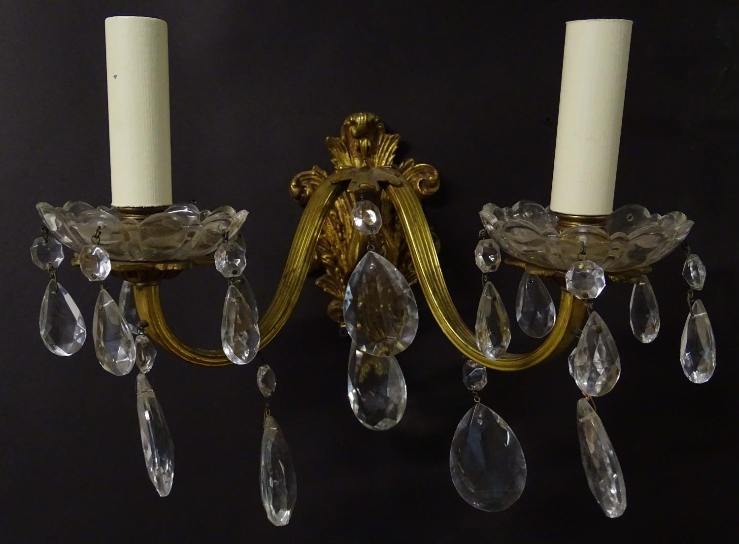 A pair of 20thC gilt twin branch wall lights, the gilt mounts supporting cut glass cups with - Image 3 of 15