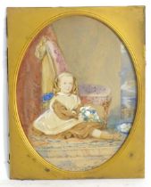 19th century, English School, Watercolour, An interior scene with a portrait of a seated young