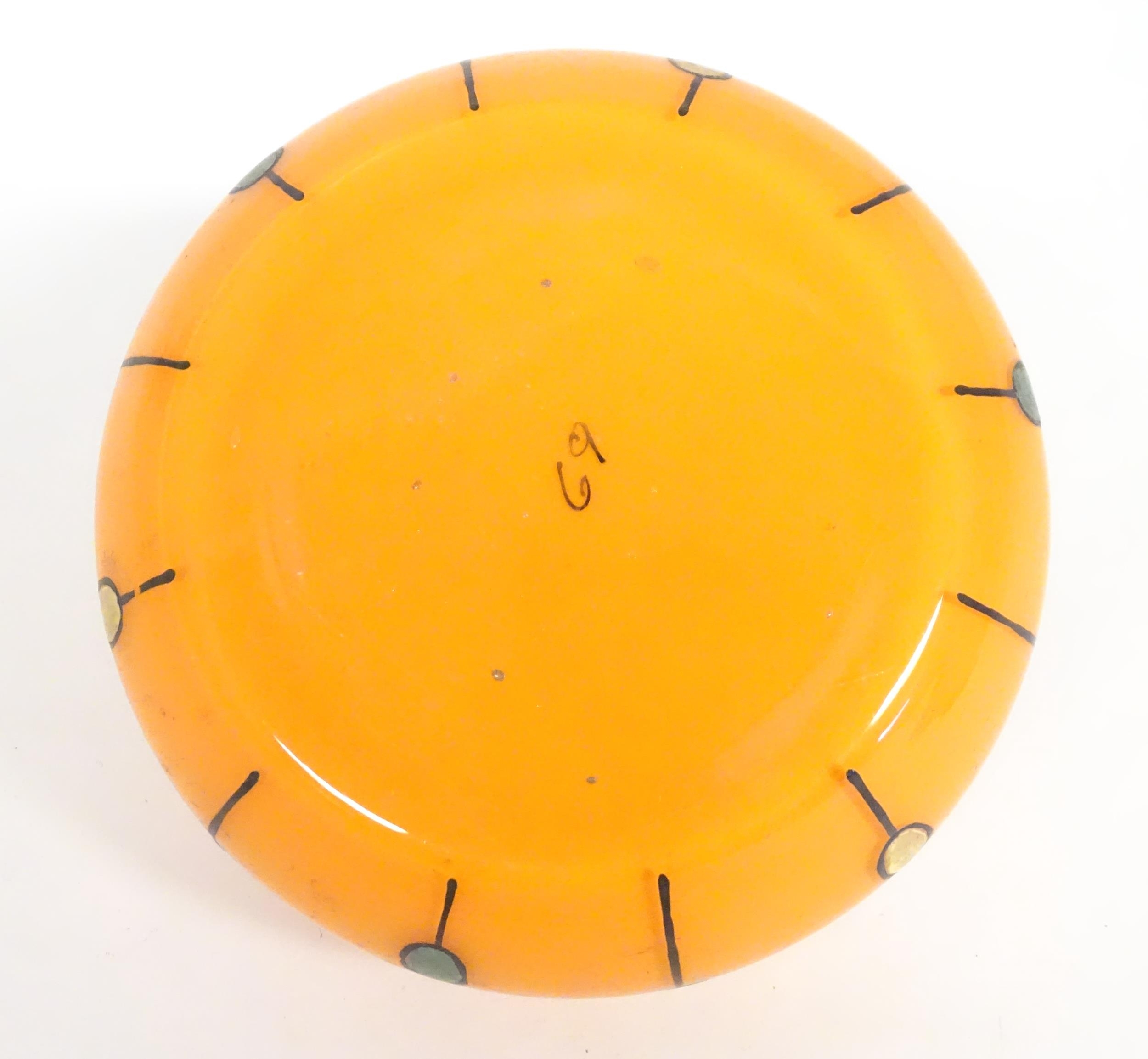 A Continental retro glass powder bowl with orange body and cover and painted detail, inspired by the - Image 4 of 14