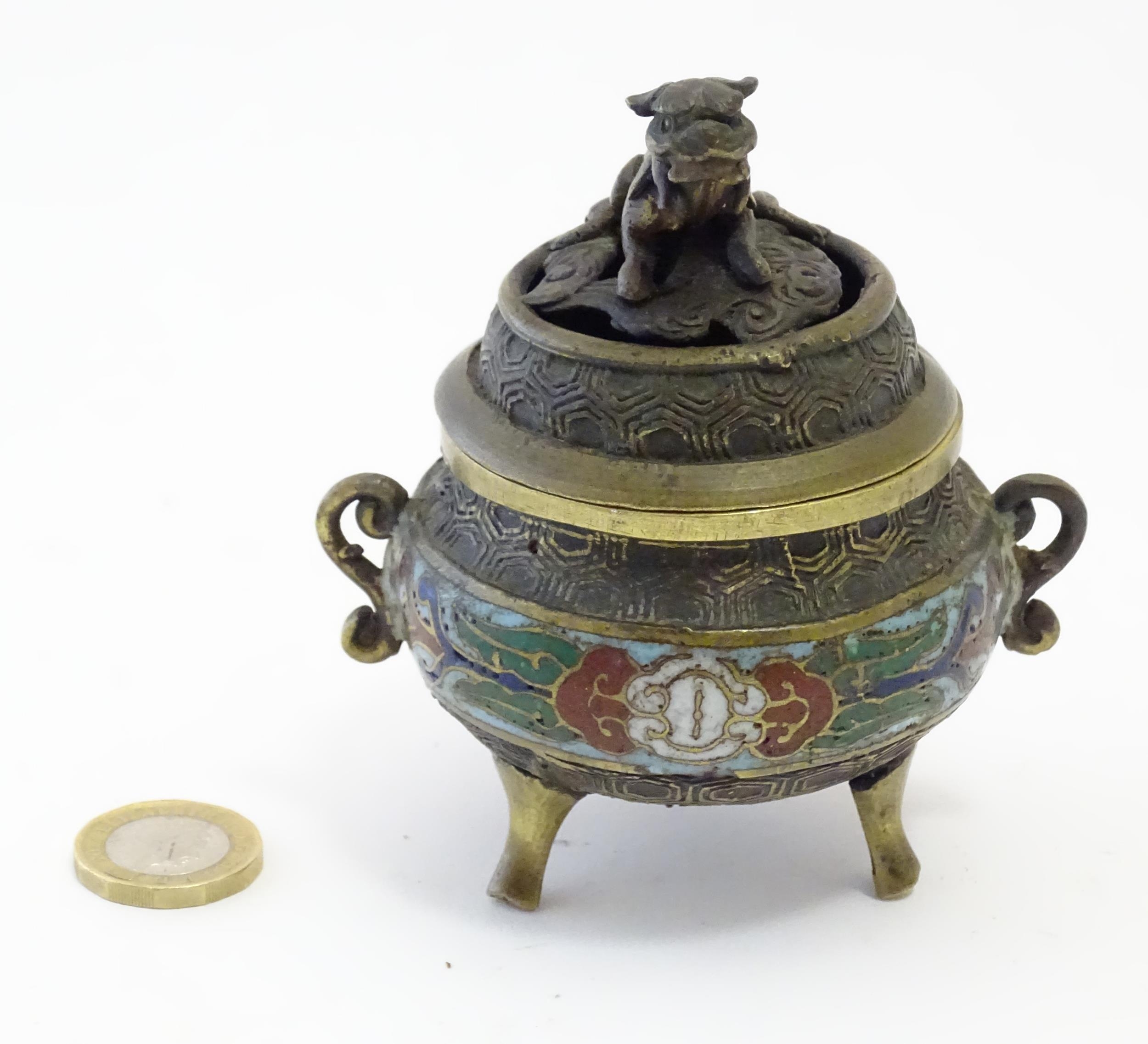 A Chinese cast brass three footed lidded censer, the body with twin handles and banded enamel - Image 8 of 8