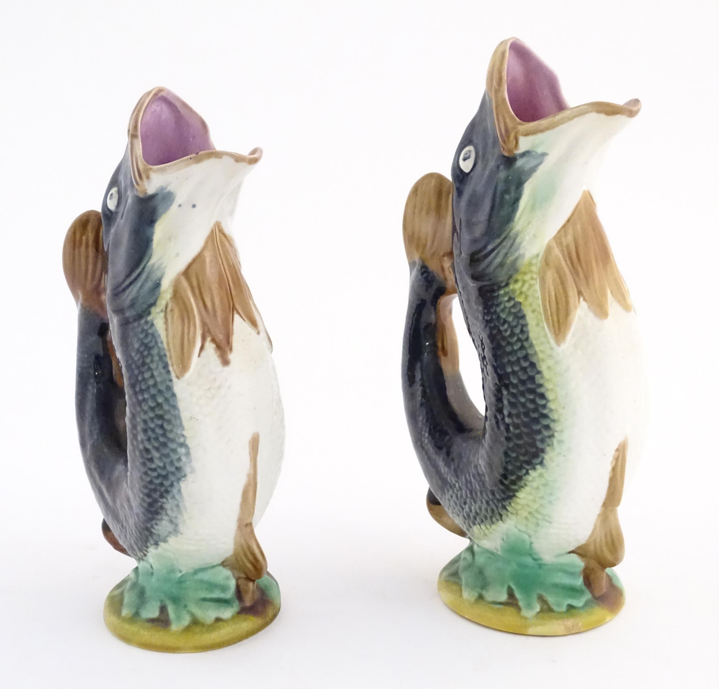 Two Victorian majolica gurgle jugs modelled as fish. Marked under 116. Largest approx. 9 3/4" - Image 11 of 16