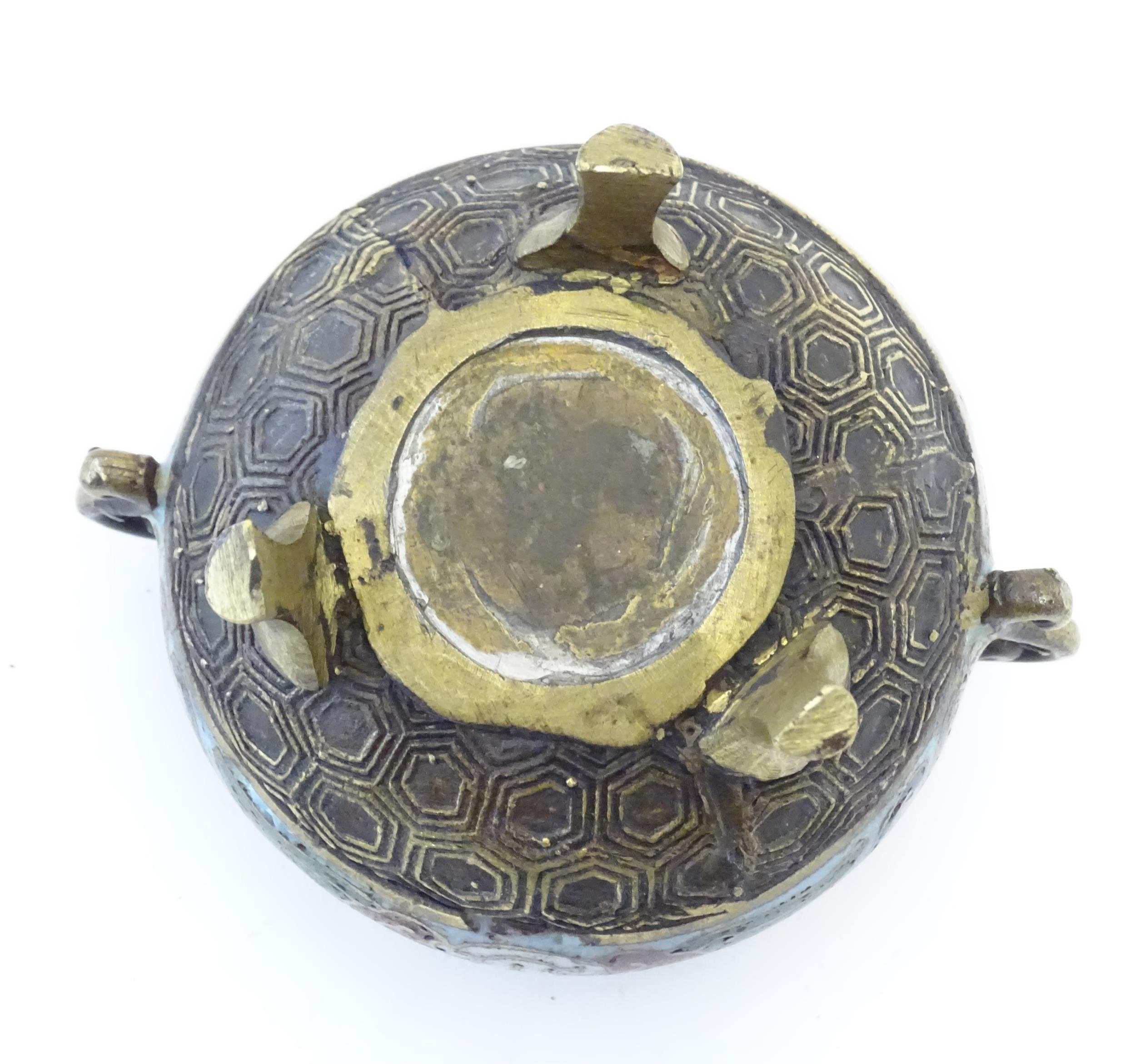 A Chinese cast brass three footed lidded censer, the body with twin handles and banded enamel - Image 7 of 8