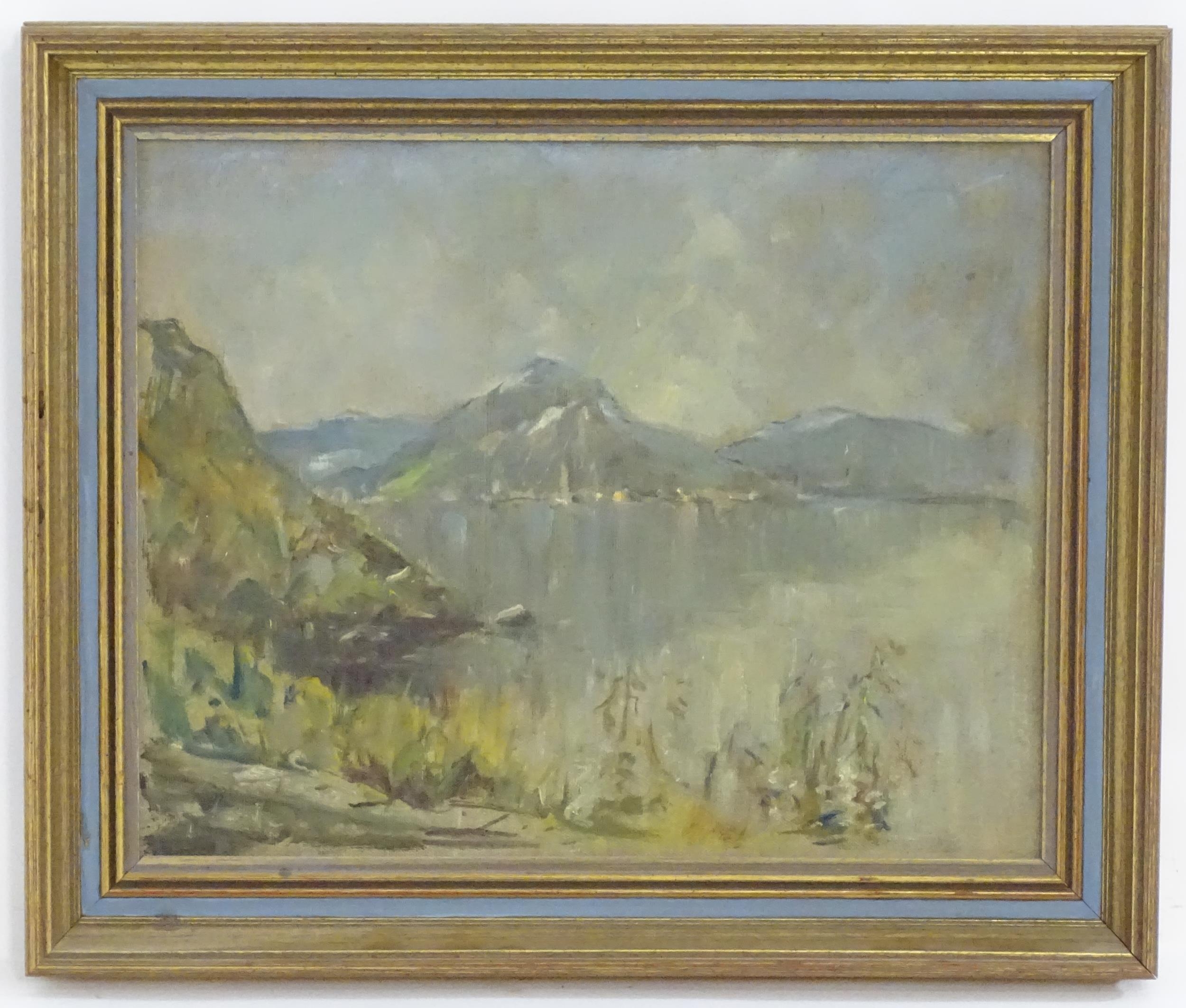 Arthur Spooner (1873-1962), Oil on board, A landscape with a lake and mountains. Ascribed to label - Image 3 of 3