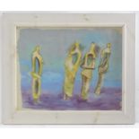 After of Henry Moore (1898-1986), Oil on paper, Four Standing Figures Diptych. Titled lower left.