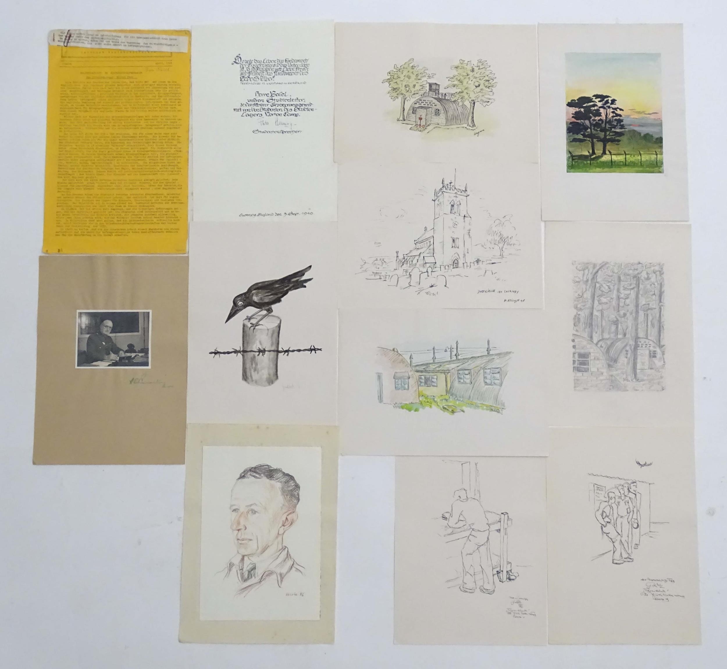 Nine 20thC German prisoner of war drawings and watercolours, works to include a pastel portrait of a
