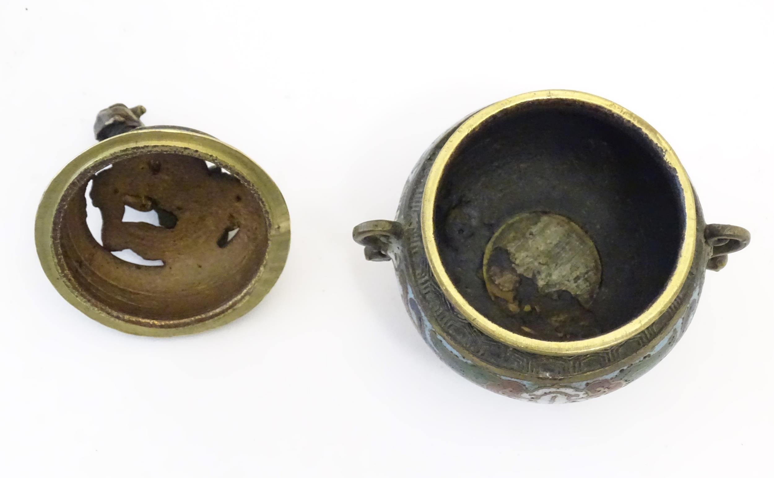 A Chinese cast brass three footed lidded censer, the body with twin handles and banded enamel - Image 6 of 8