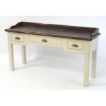 A rustic style sideboard / dresser base with a hardwood top and upstand above a painted base with