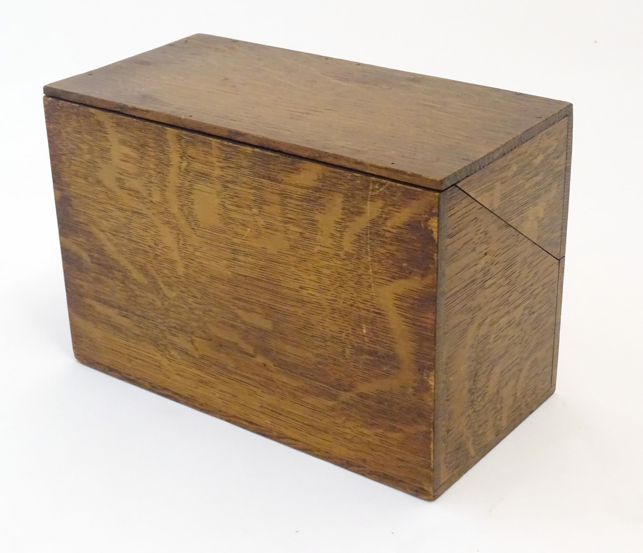 A 20thC oak correspondence / address box. Approx. 6" high x 8 3/4" wide x 4 1/2" deep Please - Image 8 of 16