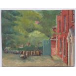 Asbury, 20th century, Oil on canvas, A courtyard scene with a view of the house facade. Signed and