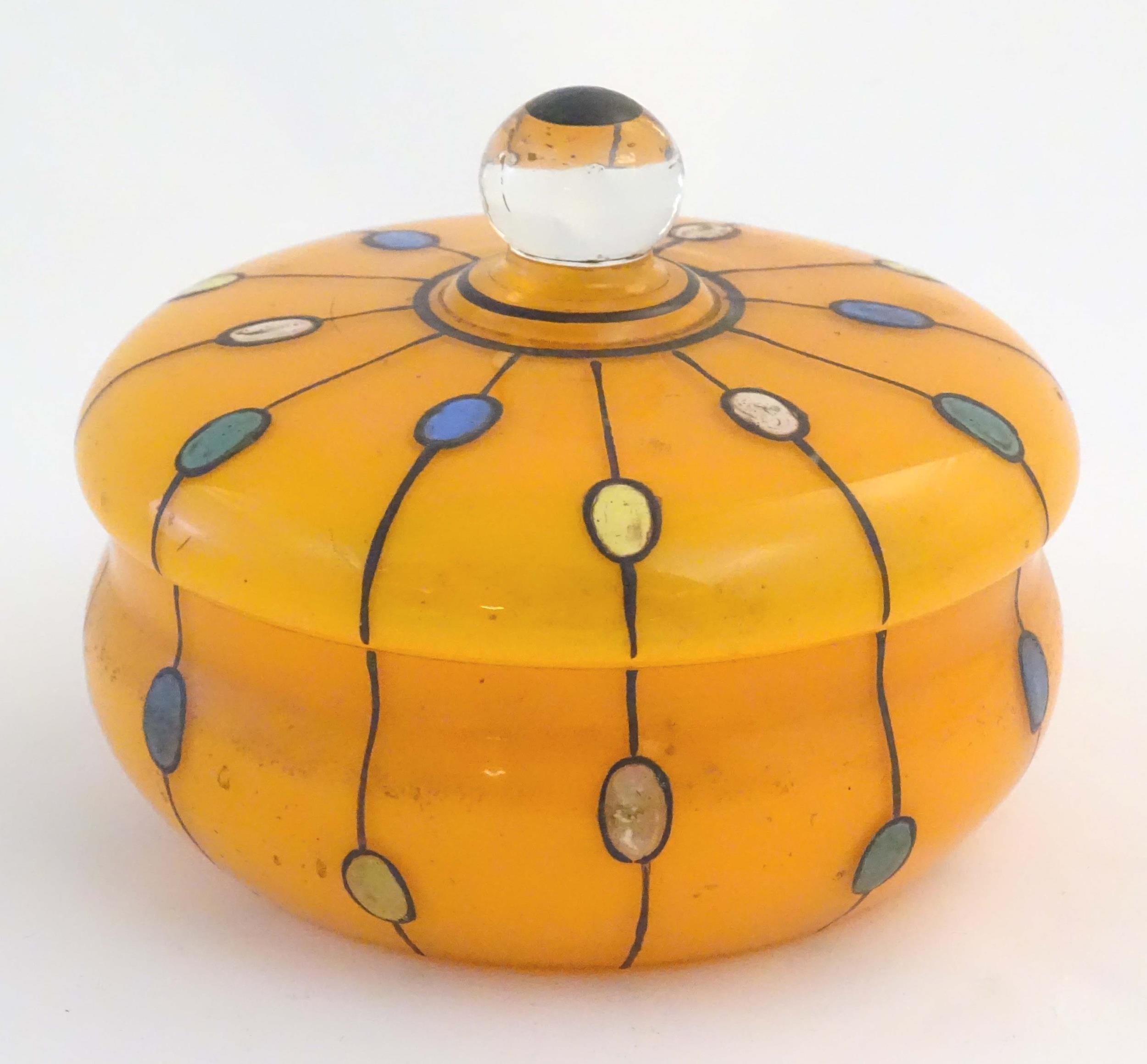 A Continental retro glass powder bowl with orange body and cover and painted detail, inspired by the - Image 2 of 14