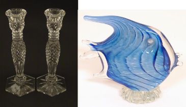 A pair of Waterford crystal candlesticks together with a Bermuda glass model, of a tropical fish.