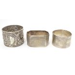 Three various silver napkin rings hallmarked London 1897, maker WRC, Sheffield 1914, maker