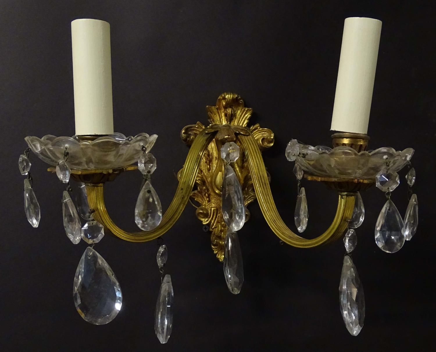 A pair of 20thC gilt twin branch wall lights, the gilt mounts supporting cut glass cups with - Image 5 of 15