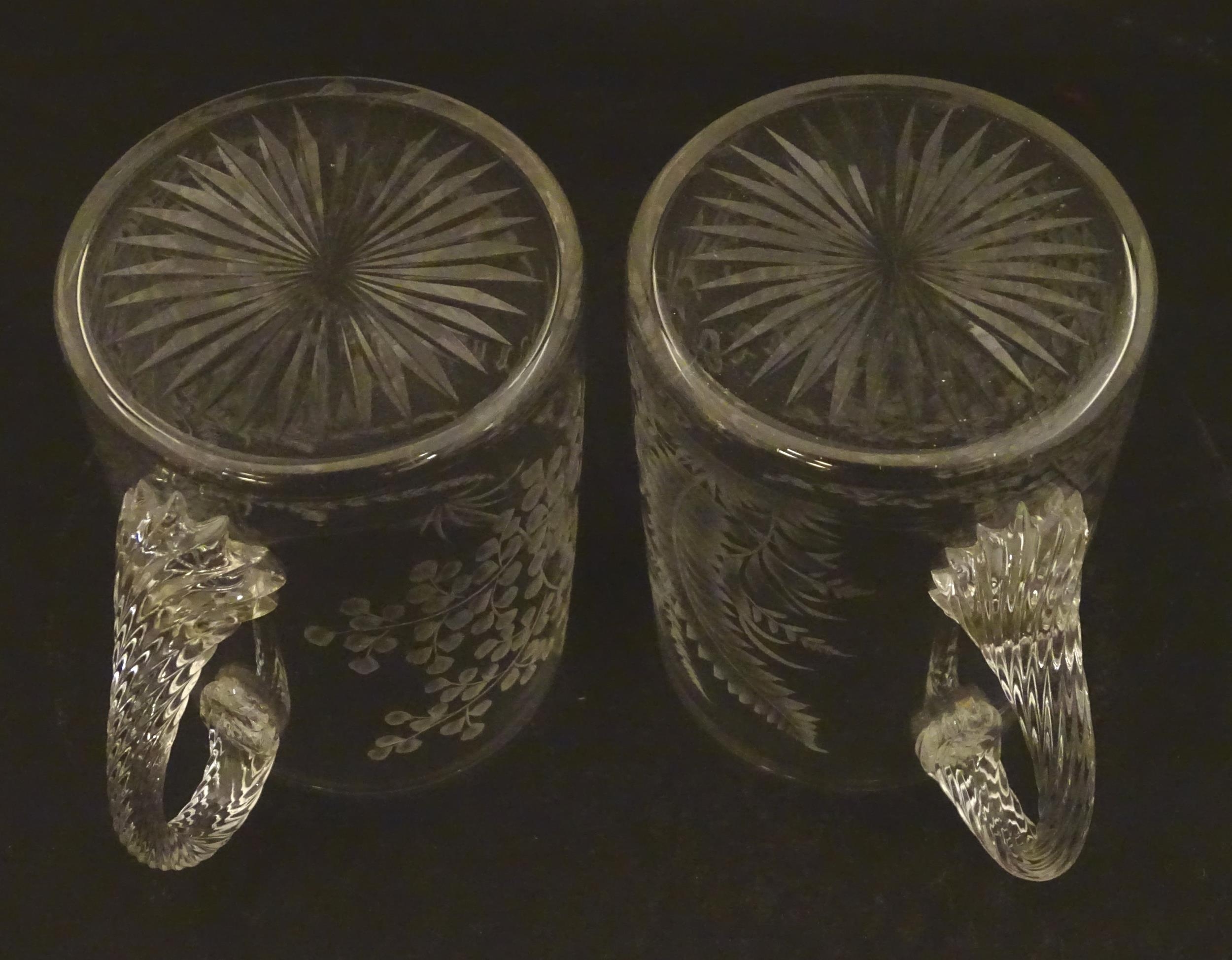 Two 19thC glass tankards with twist handles and engraved foliate decoration. One titled 'Mary', - Image 9 of 9