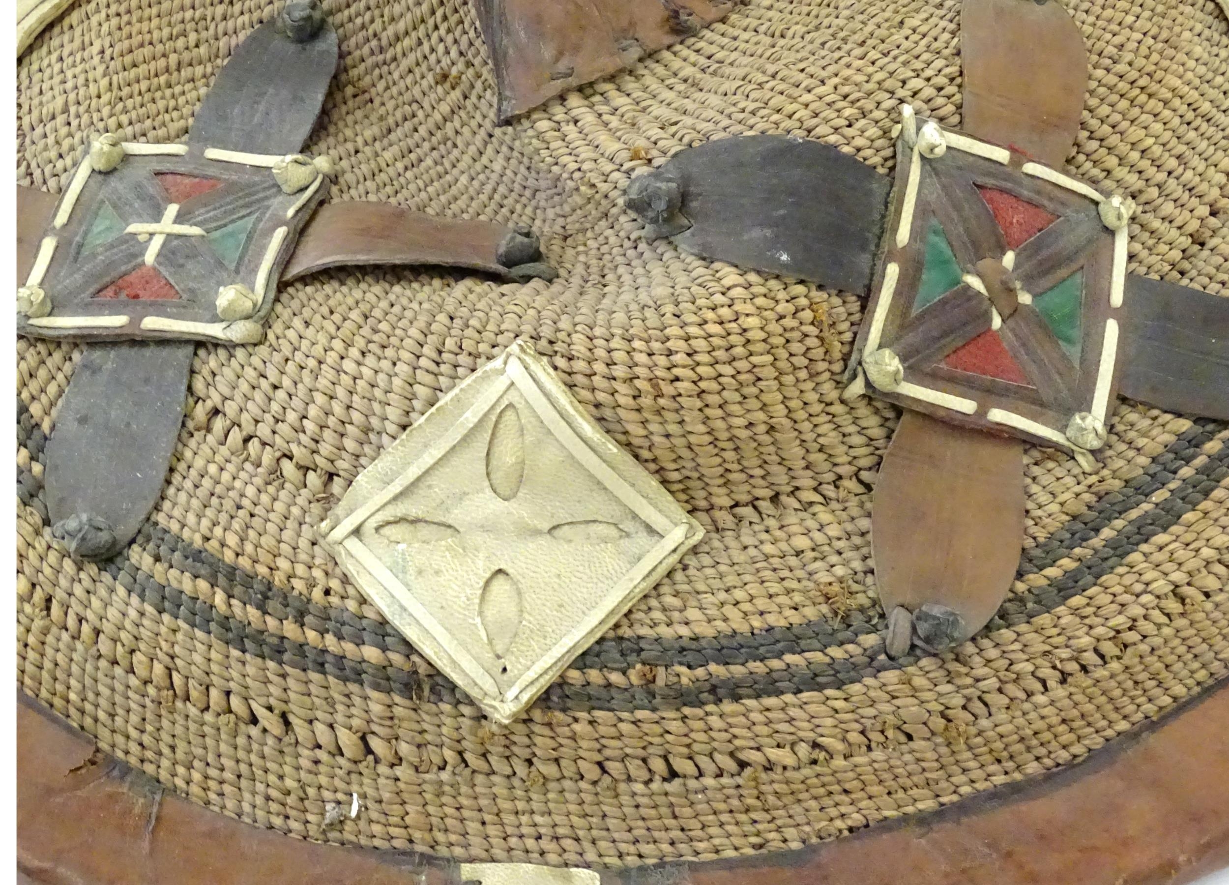 Ethnographic / Native / Tribal: A West African Fulani woven hat with applied leather detail. Approx. - Image 6 of 7
