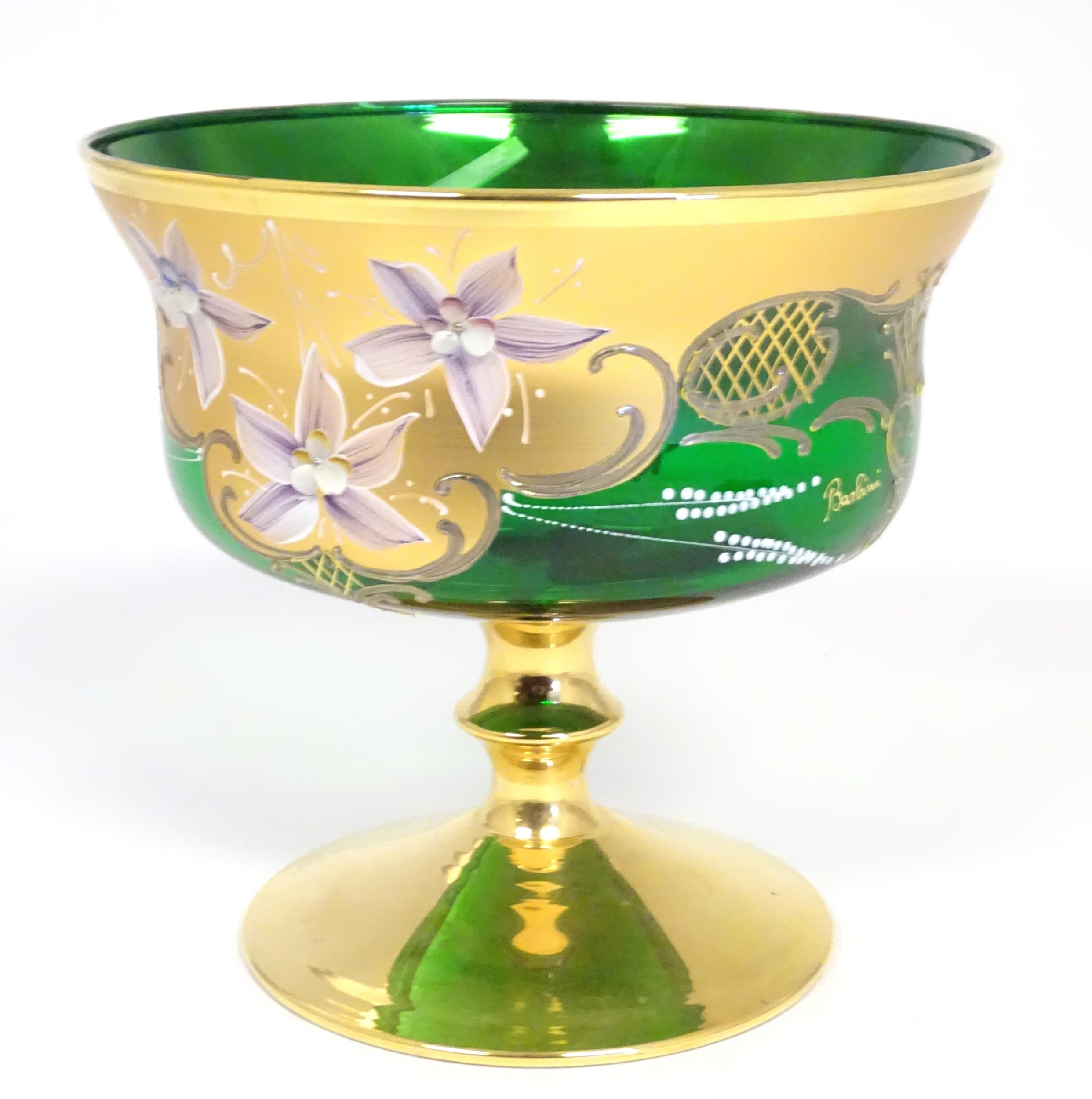 A Bohemian green glass pedestal bowl with gilt and enamel floral detail. Approx. 7" high x 7 1/2" - Image 4 of 8