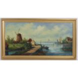 20th century, Oil on canvas, A Dutch river landscape with windmills, figures, boats, etc.