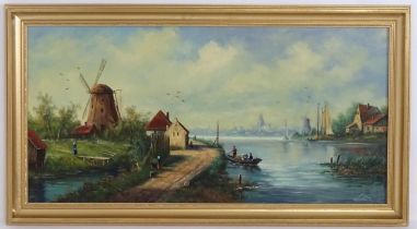 20th century, Oil on canvas, A Dutch river landscape with windmills, figures, boats, etc.