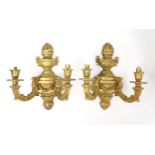 A pair of twin branch carved wood wall lights with gilt decoration. Approx 20" high Please Note - we