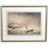 Edward Tucker Snr, 19th century, Marine School, Watercolour, A ship in rough seas with figures in