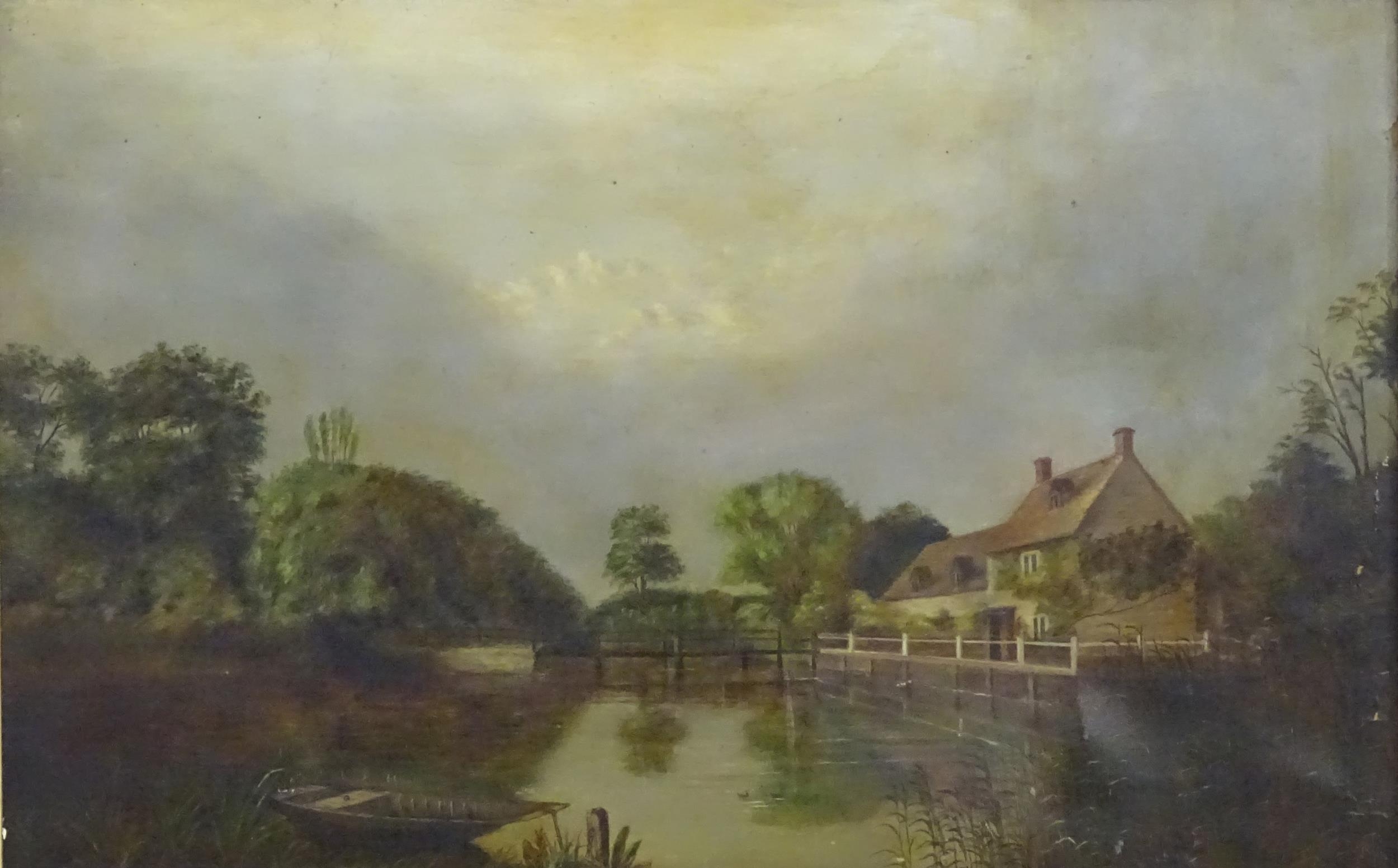 M. Atkinson, 19th century, Oil on canvas, A river landscape with a bridge, cottage and moored - Image 3 of 4