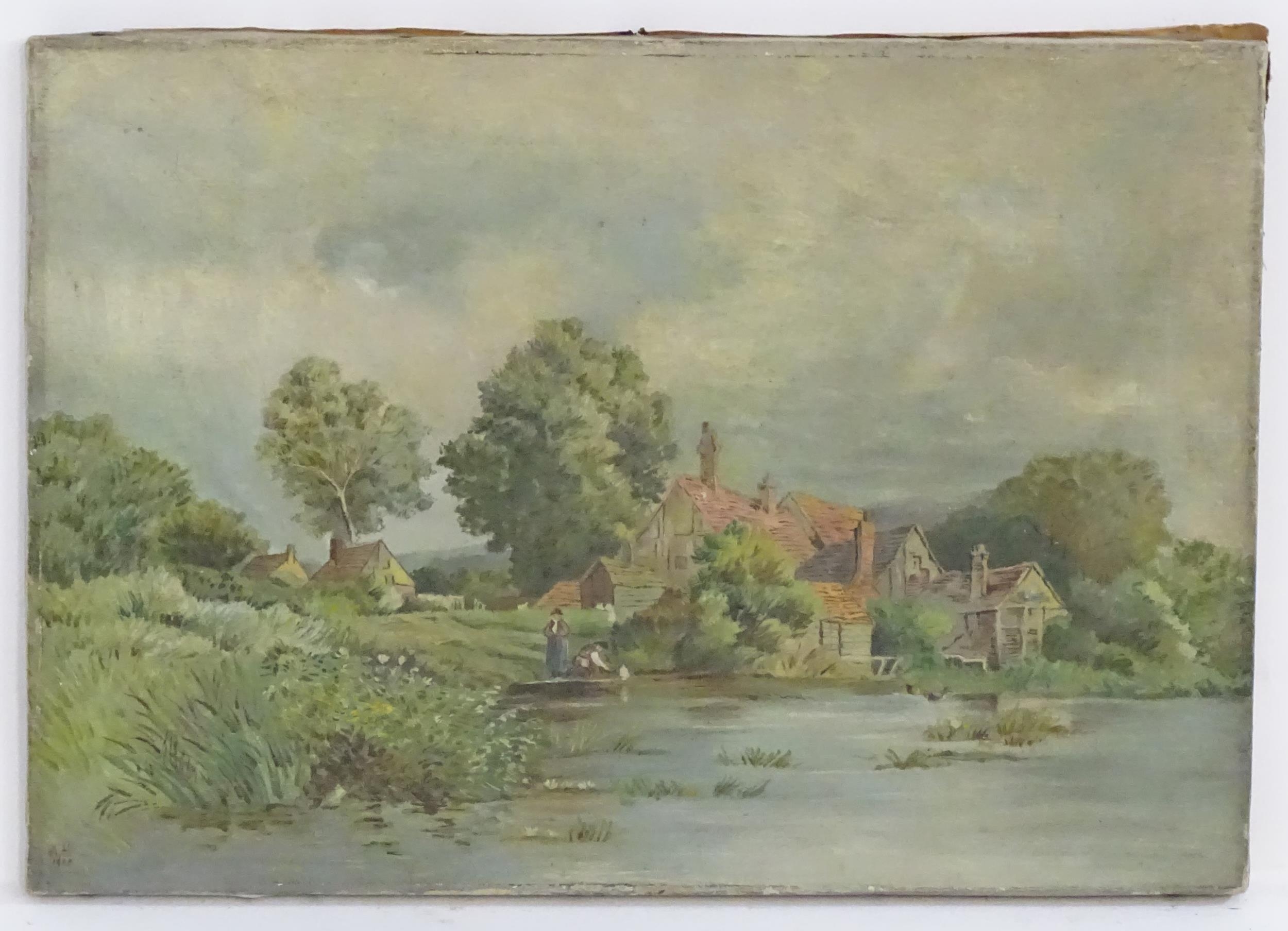 A. H., Early 20th century, Oil on canvas, A river scene with children playing with a toy boat with