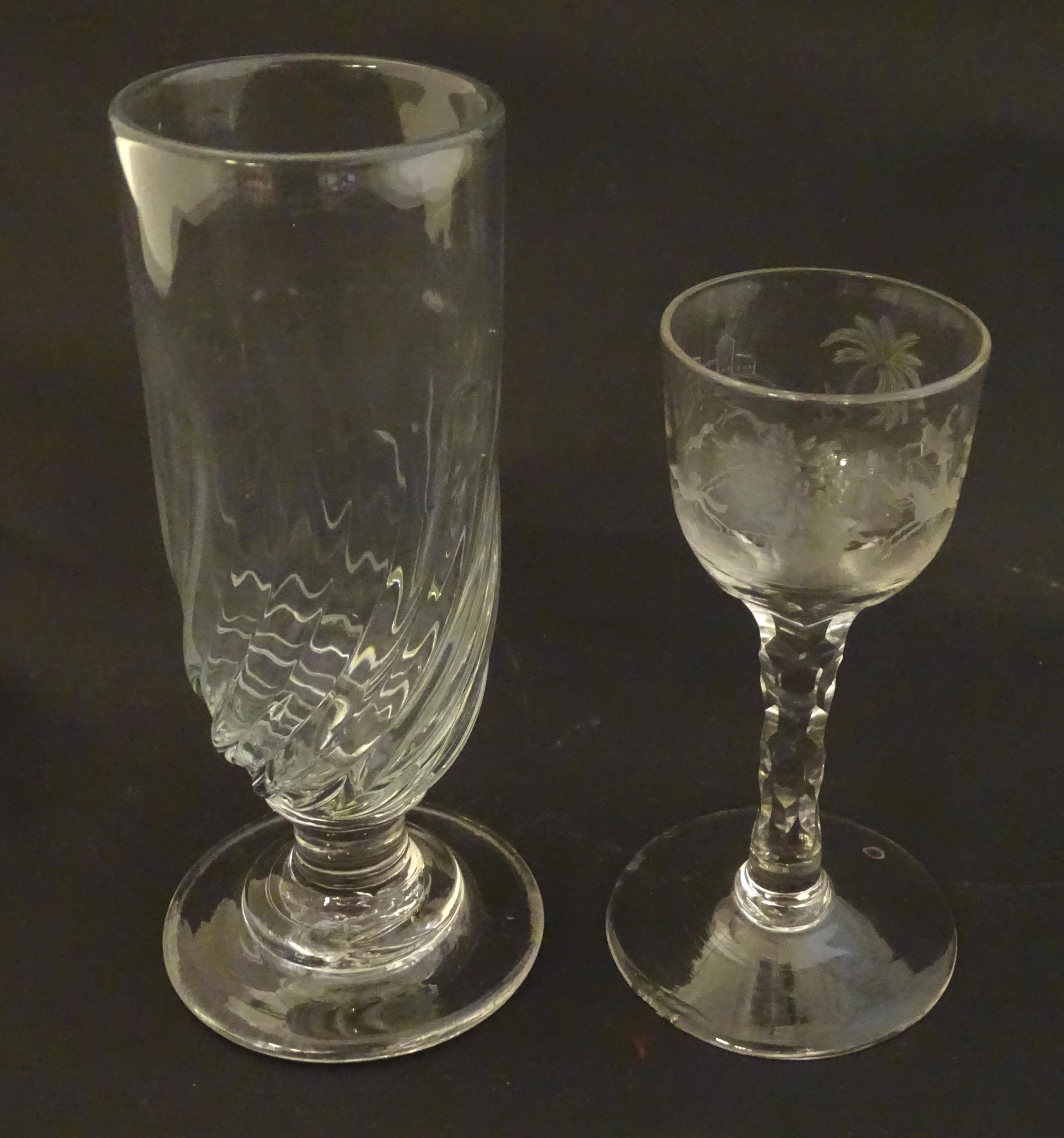 two 19thC glass drinking glasses one with etched hunting scenes. The tallest 6 1/2" high (2)