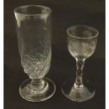 two 19thC glass drinking glasses one with etched hunting scenes. The tallest 6 1/2" high (2)