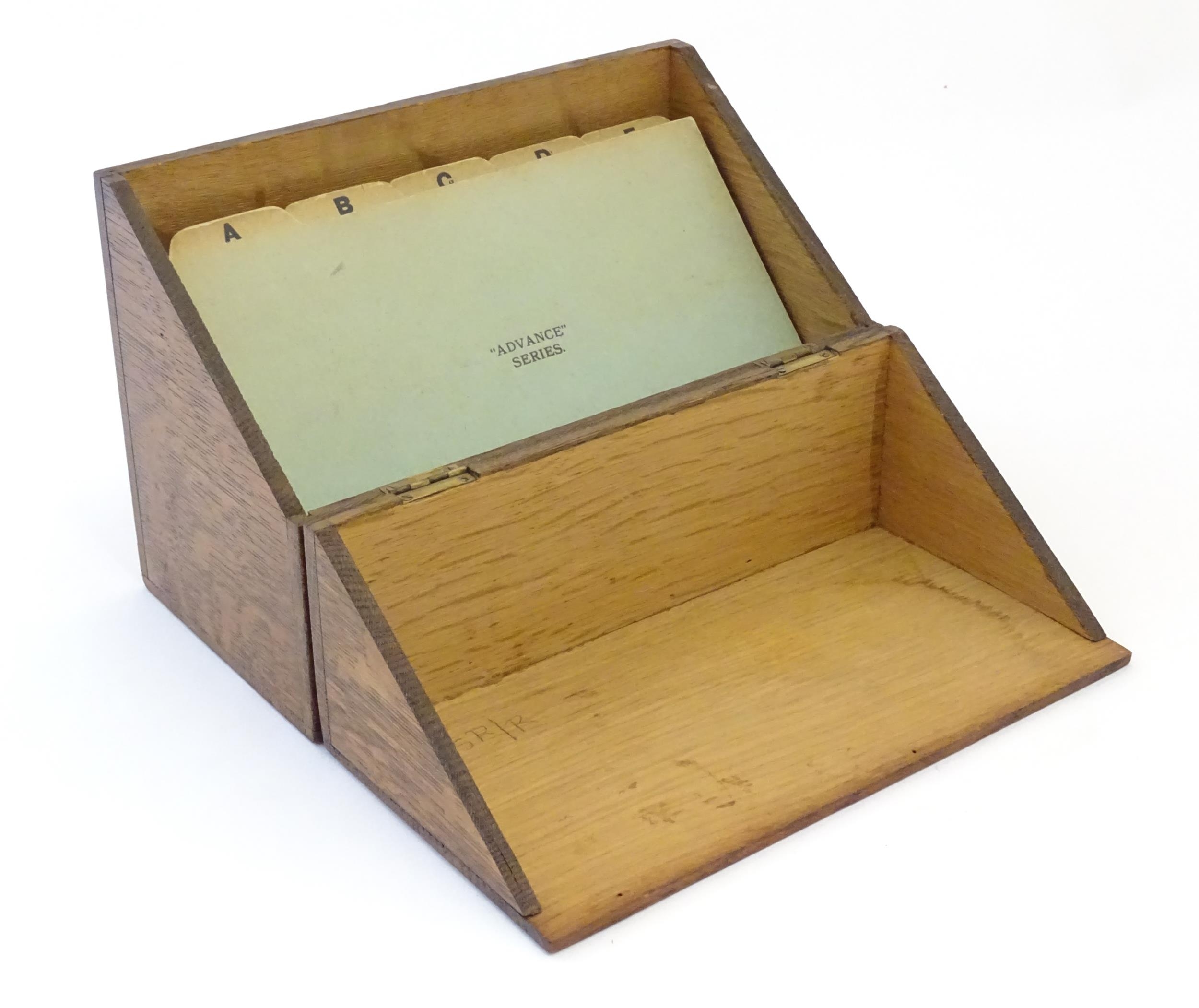 A 20thC oak correspondence / address box. Approx. 6" high x 8 3/4" wide x 4 1/2" deep Please - Image 12 of 16