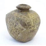 A leather / hide vase / vessel with applied geometric detail. Possibly Indian / Nepalese. Approx. 7"
