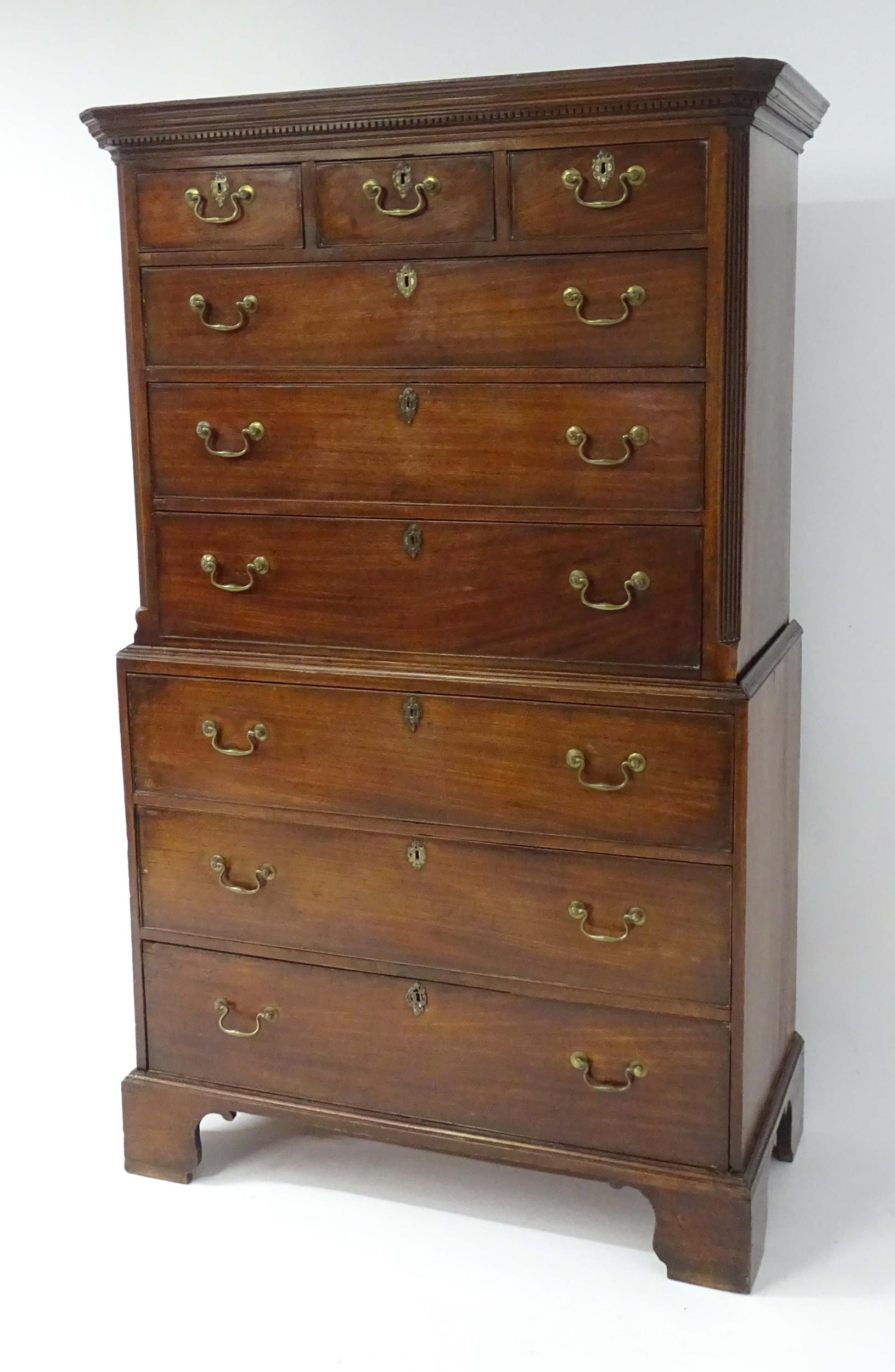 A mid / late 18thC mahogany chest on chest with moulded cornice above a dentil carved frieze, having - Image 5 of 14