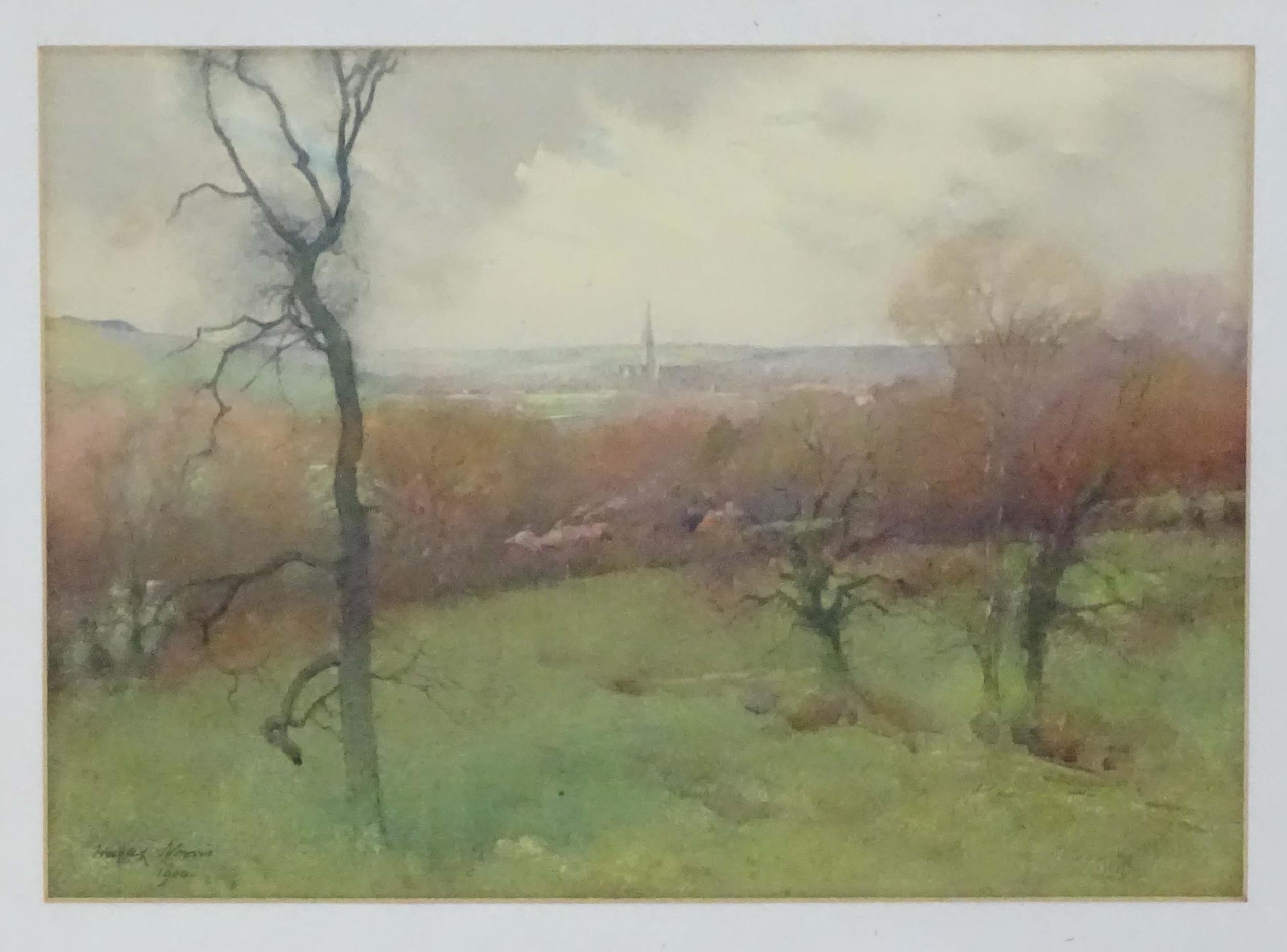 Hugh L. Norris (1863-1942), Watercolour, A landscape scene with a view of Salisbury. Signed and - Image 3 of 5