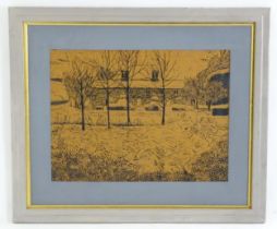 20th century, Linocut print, A landscape with a view of a house with trees and figural topiary.