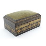 A 19thC Tunbridge ware box with banded decoration and pin cushion to top, by Thomas Barton. Label