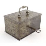 A Victorian small proportion steel strongbox of rectangular form with red painted interior.