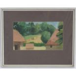 JF, Oil on paper, A country landscape scene with houses and a hay bale in a field. Signed with