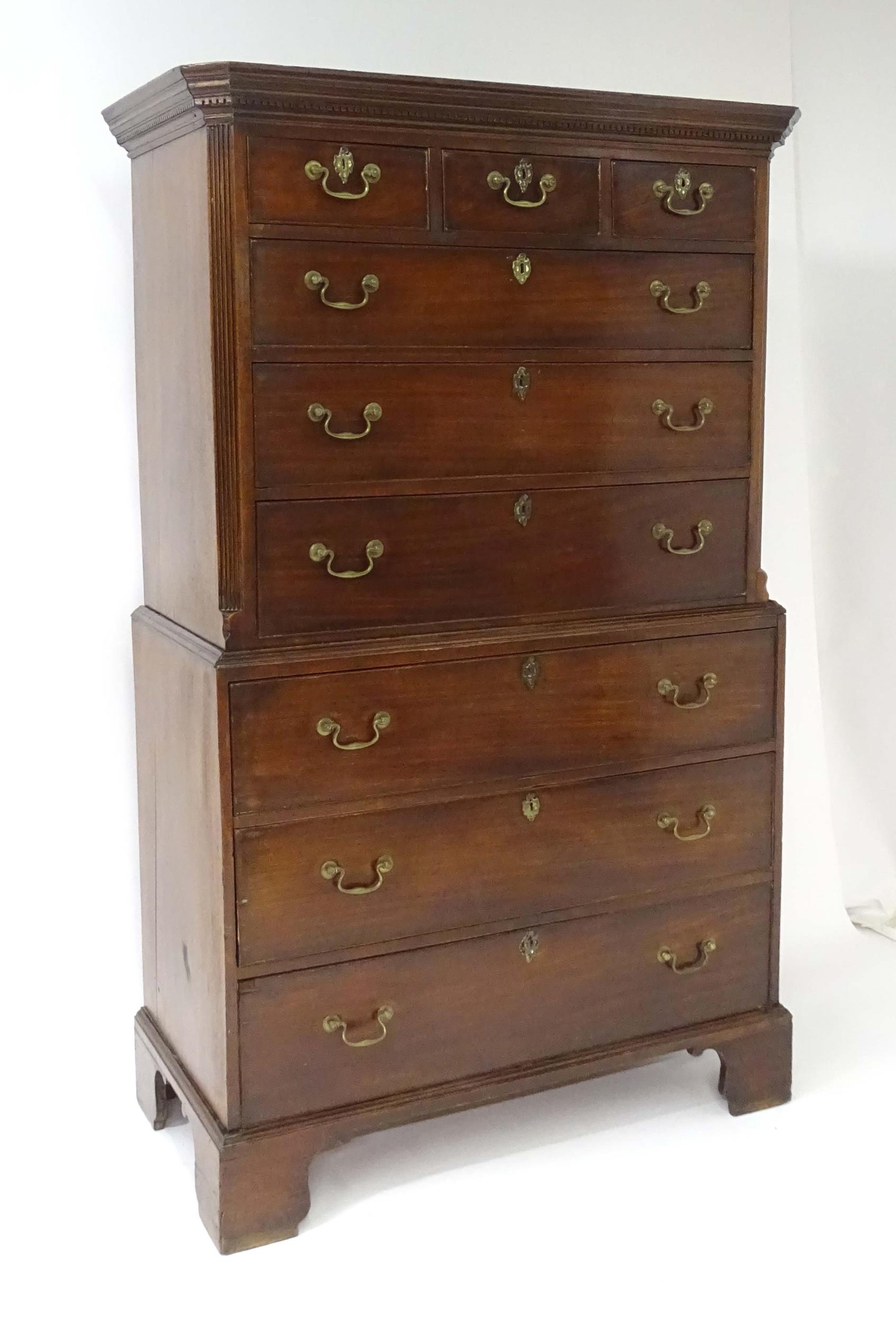 A mid / late 18thC mahogany chest on chest with moulded cornice above a dentil carved frieze, having - Image 9 of 14