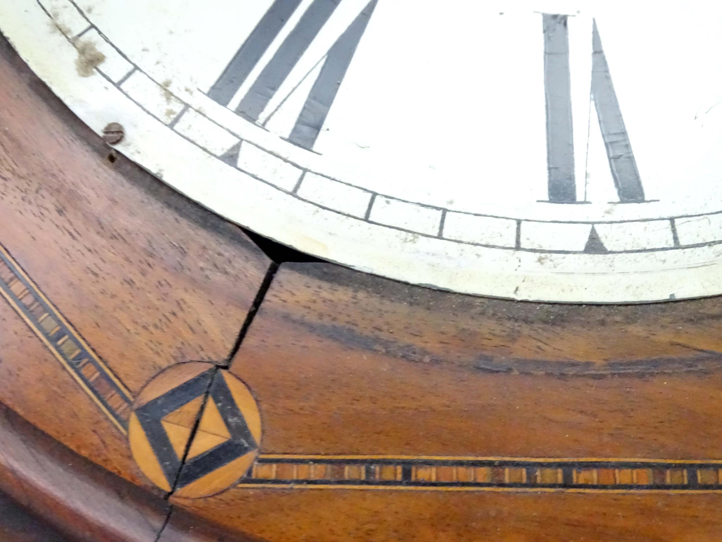A 19thC drop dial wall clock with inlaid decoration. The 12" dial signed ' Hugh Wilkie Glasgow '. - Image 9 of 9