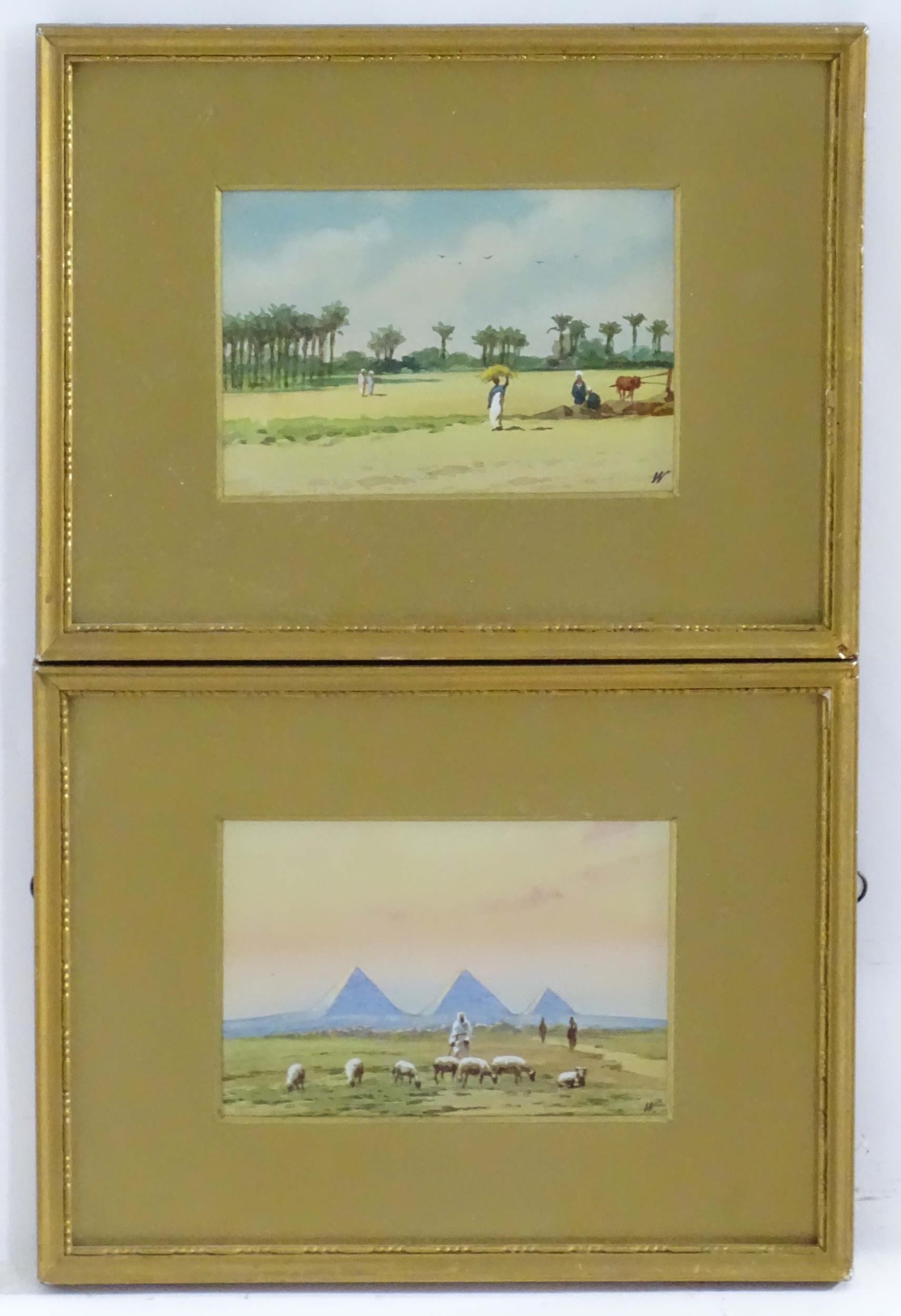 Manner of Edwin Lord Weeks (1849-1903), Watercolours, An Egyptian landscape with a shepherd and
