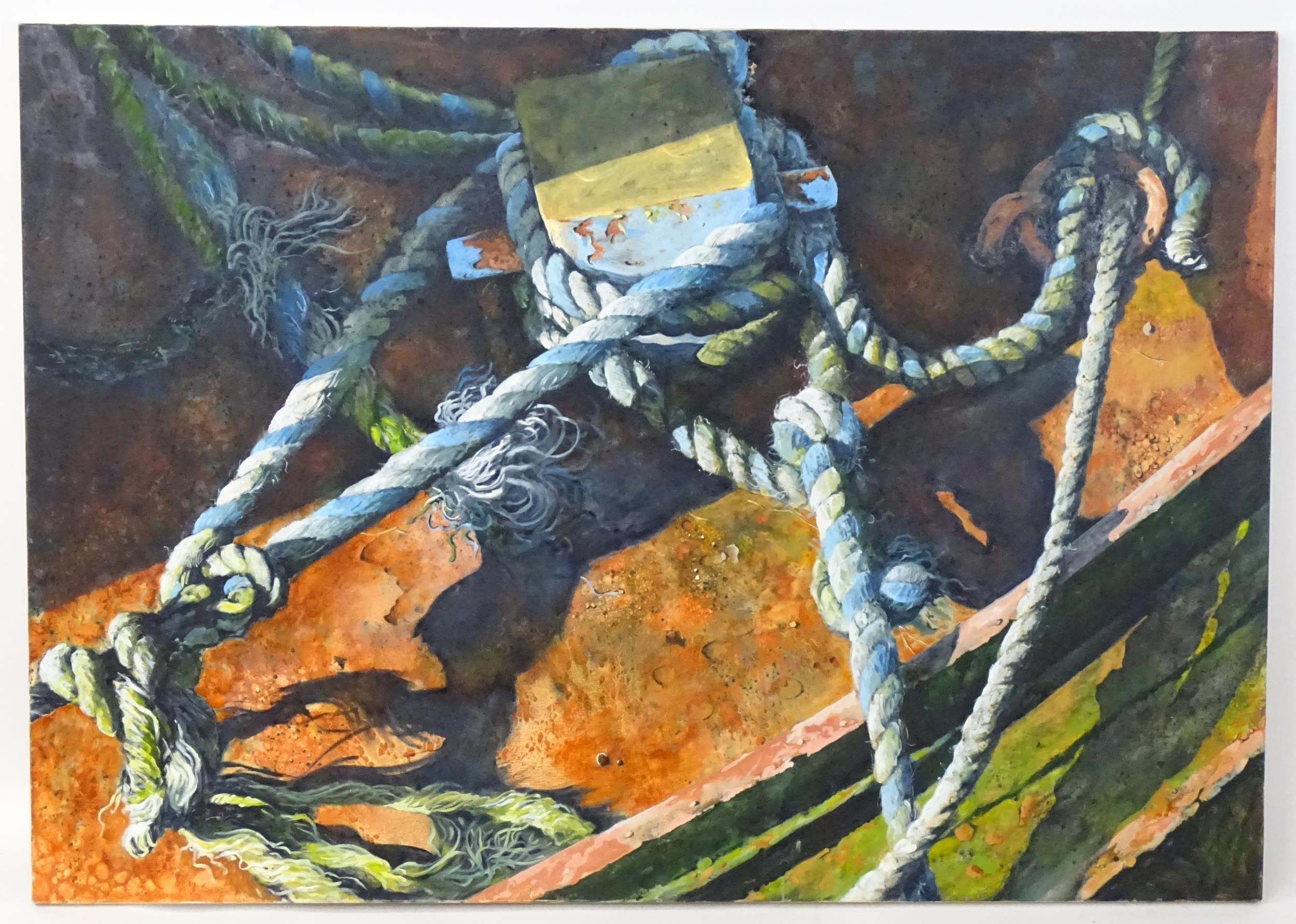 Mick Dean (b. 1977), Oil on canvas, Last Mooring, A study of a boat with tied ropes. Signed, dated - Image 3 of 5