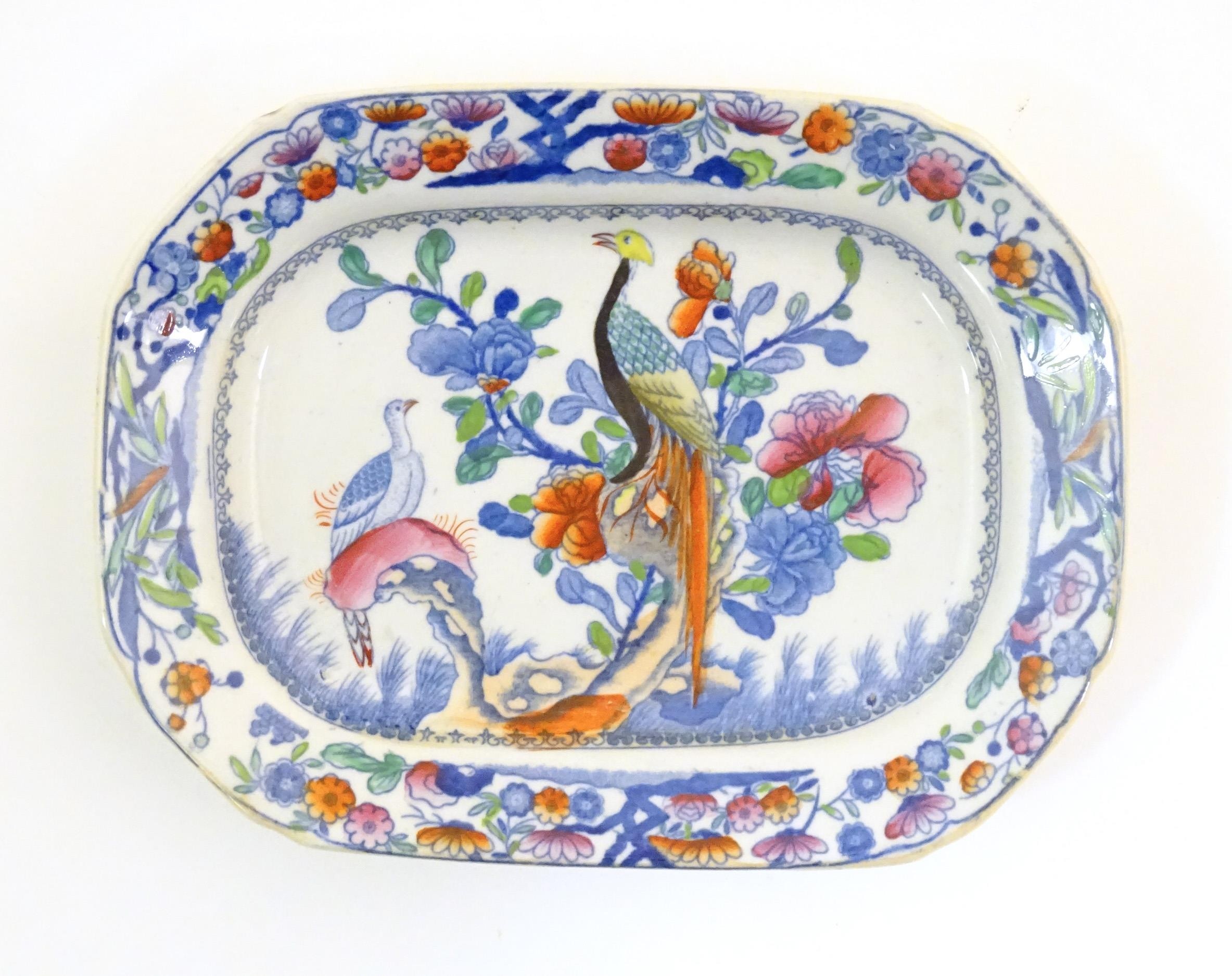 A Mason's Ironstone dish decorated in the Long-tailed Bird pattern. Approx. 6" x 8" Please Note - we